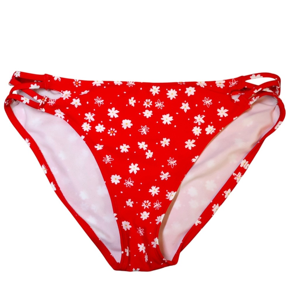 California Waves Daisy Print Lattice Side Bikini Bottom L Red Floral NWT